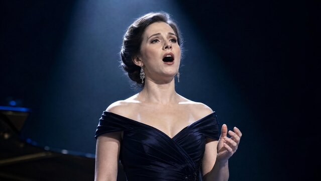 Elegant Female Opera Singer Performing Solo on Stage Under Spotlight