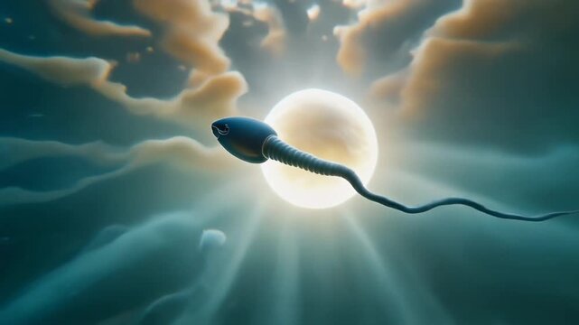 Sperm cell swimming toward a glowing egg for fertilization