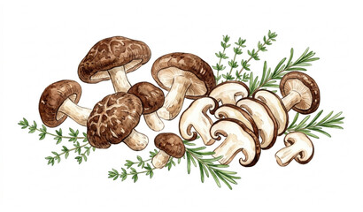 Fresh Japanese shiitake mushrooms with herbs watercolor illustration isolated on white background © MD ASHIK MIA