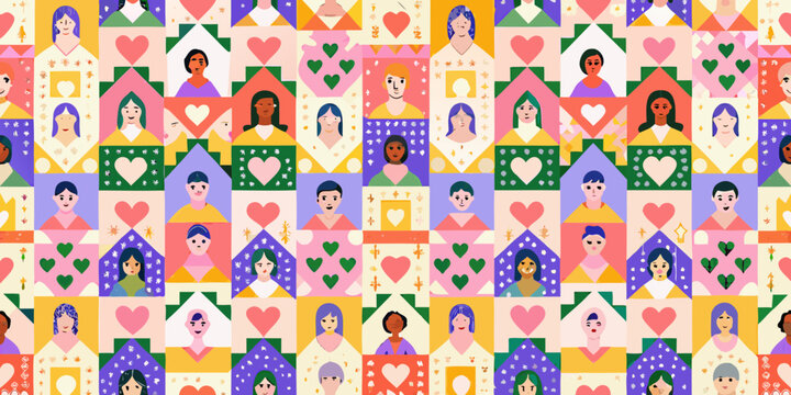 Diverse people mosaic pattern colorful vector illustration with house shapes