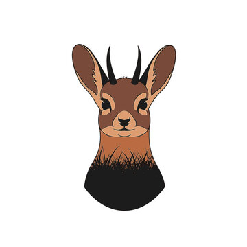 Stylized vector illustration of a gazelle or klipspringer head with large ears and vertical horns, featuring a brown and tan color palette on a clean white background.