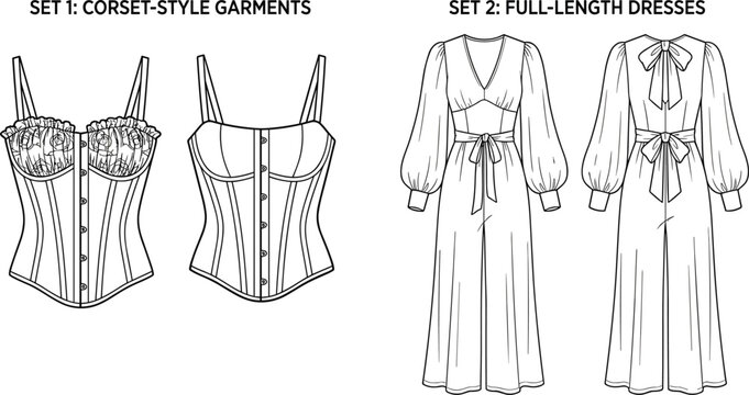 Professional fashion illustration of women's corset tops, featuring a detailed front view with structured boning, button-down closures, and delicate floral mesh ruffles.