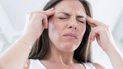Fototapeta premium Young Woman Suffering from Severe Migraine and Headache Touching Temples