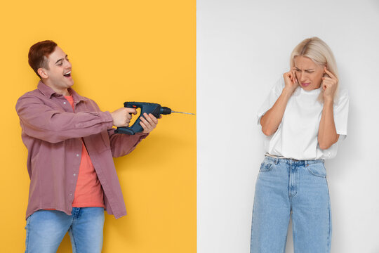 Mature woman suffering from loud neighbour with drill at home