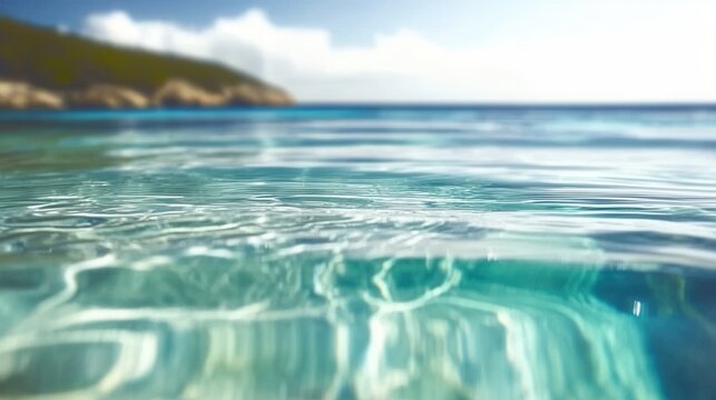 Turquoise lagoon surface with clear water under bright sky and distant shoreline captured in mid-day light by Canon EOS camera