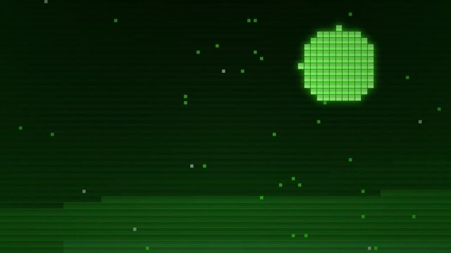 Retro pixel art space scene with glowing green planet and digital particles