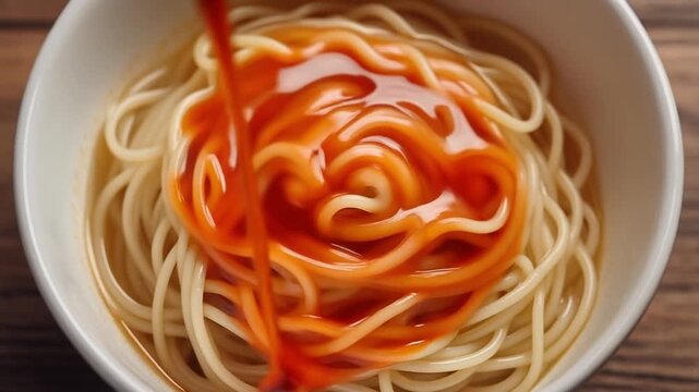 Spicy Red Sauce Pouring Over a Vietnamese Noodle Salad in a Bowl
