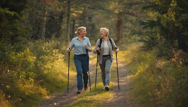 Two Senior Women Nordic Walking on Forest Trail with Trekking Poles