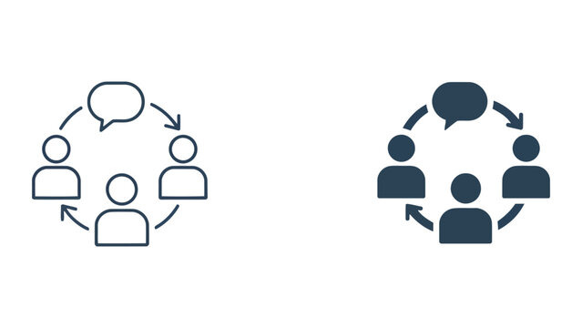 Circular workflow communication and team discussion icon set showing people with chat bubble in a cycle for business process management and meeting feedback loop in professional flat vector style