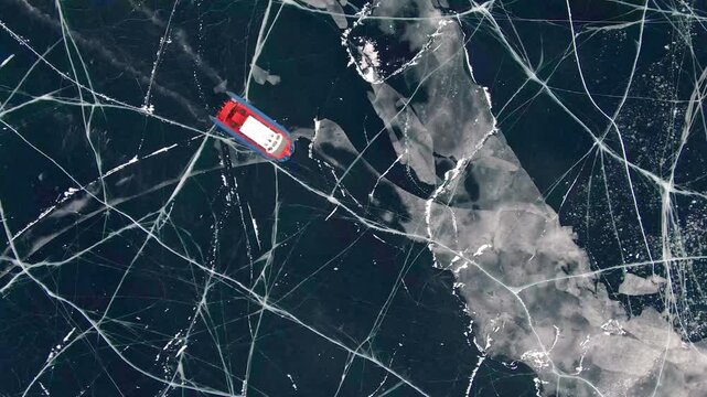 Drone Shows hovercraft going Through Broken Icy Terrain With Dramatic Visuals at ice of Baikal lake