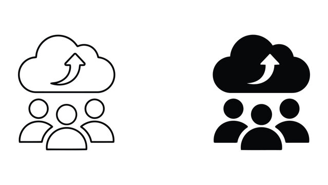 Team cloud data migration and growth icon set with upward arrows and cloud symbols for digital transformation and technological advancement in flat vector style