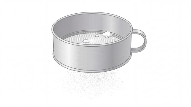Stainless steel kitchen flour sifter tool with handle and falling powder particles on white background