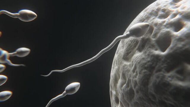 Microscopic view of sperm swimming toward an egg for fertilization