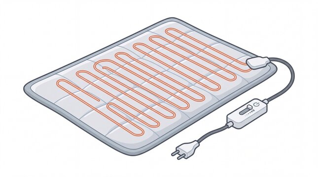 Isometric view of a grey electric heating pad with orange coils displayed on white background