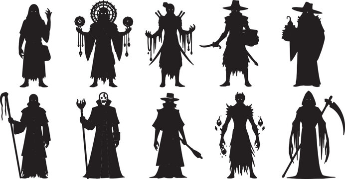 Collection of ten black character silhouettes on white background featuring dark fantasy figures including a necromancer, grim reaper, occult priest, wizard, and armored warrior icons.