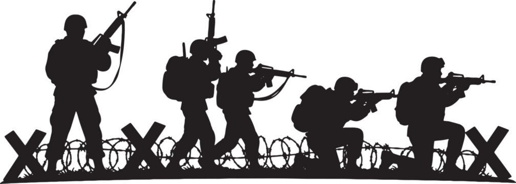 Silhouette illustration of five military soldiers with assault rifles, helmets, and gear, navigating a combat zone with barbed wire and tank traps, isolated on white background.