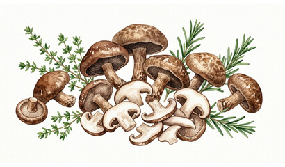 Fresh Japanese shiitake mushrooms with herbs watercolor illustration isolated on white background © MD ASHIK MIA