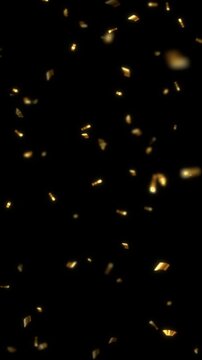 gold metallic confetti rain isolated alpha channel animation, lens blur golden birthday party and anniversary celebration overlay vertical social media motion design element