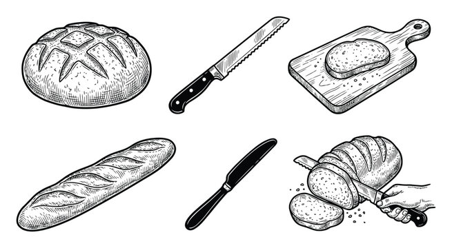 Hand-drawn set of various breads, cutting boards, and kitchen knives for bakery