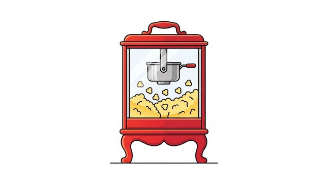 Classic red vintage popcorn machine appliance with popping kernels inside a glass box on white background