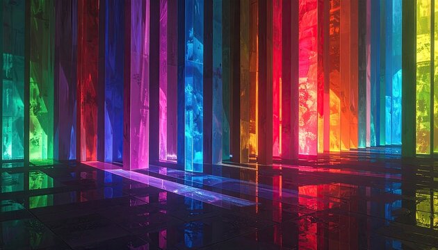 Vibrant Abstract Light Pillars in a Dark Room.