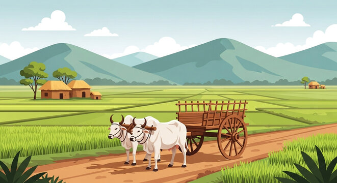 Traditional Indian village scene with bullock cart on a dirt road surrounded by green rice fields and mountains