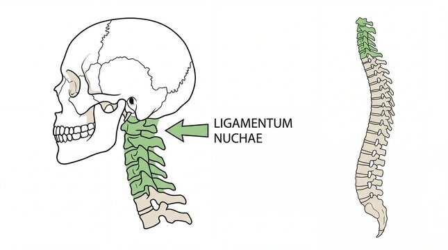 Medical illustration showing the cervical spine ligamentum nuchae structure of human anatomy on white background