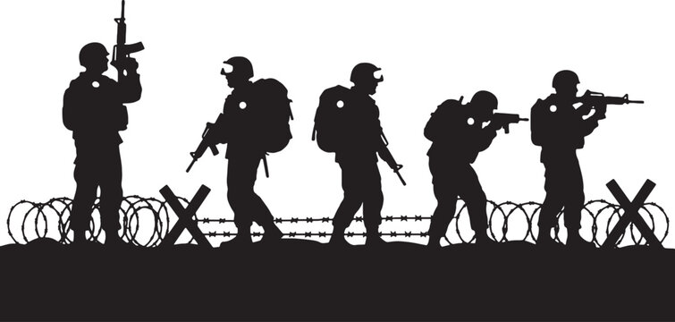 Black silhouette illustration of five military soldiers in gear with rifles and backpacks standing behind a barbed wire fence with anti-tank obstacles on a white background.