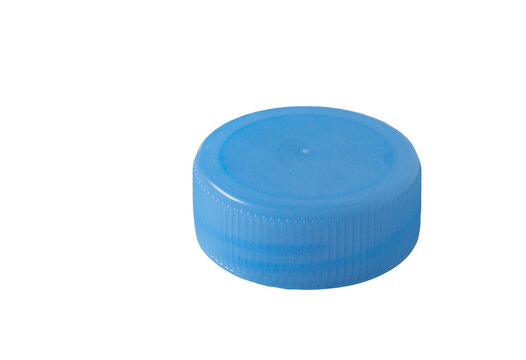 One water bottle cap isolated on white background, top view clipping path. Blue plastic stopper top cover single on white background. 