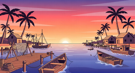 Fototapeta premium Vibrant vector illustration of a tropical fishing harbor at sunset with wooden boats, palm trees, and huts.
