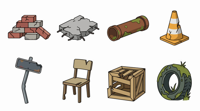 Collection of various grungy debris and broken items creating post-apocalyptic, discarded, urban decay, ruins, and destruction concepts for game assets and creative projects