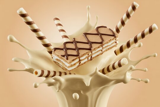 Wafer Biscuit Milk Splash A layered cream wafer biscuit splashing into a pool of milk alongside floating chocolate-striped wafer rolls.