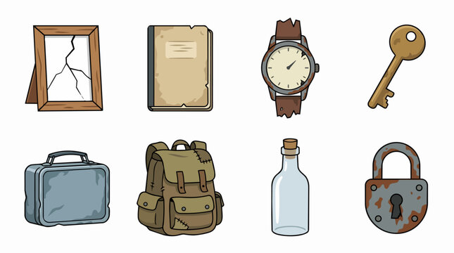 Rusty, aged collection of broken and vintage items&mdash;tattered book, cracked frame, damaged watch, worn suitcase and backpack, key, bottle, padlock&mdash;symbols of travel, memory, time