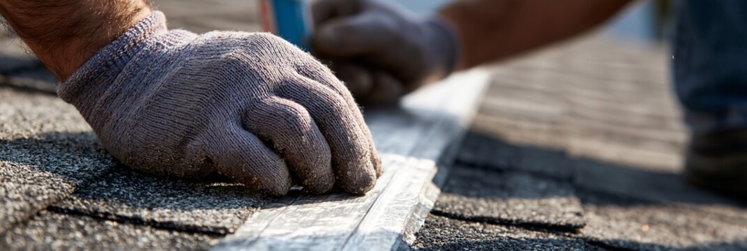 Closeup of gloved hands applying adhesive membrane along a residential roof valley showcasing detailed textures and a shallow depth of field effect for focused repair work.