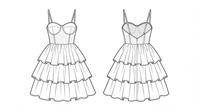 Technical fashion sketch of a lace bodice dress with layered ruffles presented on white background
