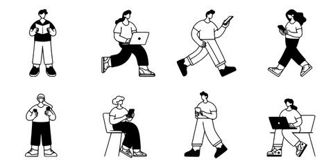 Obraz premium Man Working Office Job in Vector Style with Laptop, Walking and Carrying Documents, Icons Set for Business Communication