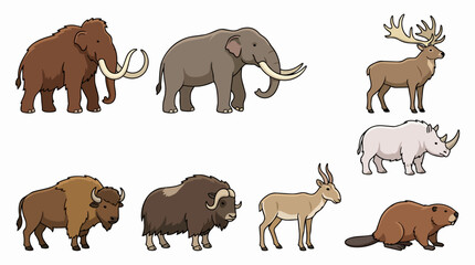 Fototapeta premium Group of prehistoric animals and larger mammals standing together, showcasing various creatures from the ice age and beyond, representing zoology, evolution, and ancient ecosystems