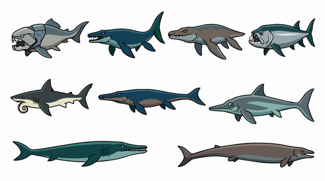 Prehistoric sea creatures illustrations collection featuring ancient marine reptiles and fish, depicting aquatic dinosaur era predators from the mesozoic era