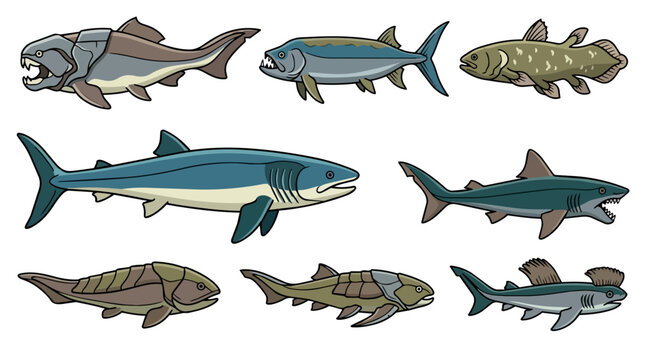 Prehistoric fish species illustrating ancient marine biology, featuring distinct anatomical characteristics of extinct aquatic animals from different geological periods on a white background