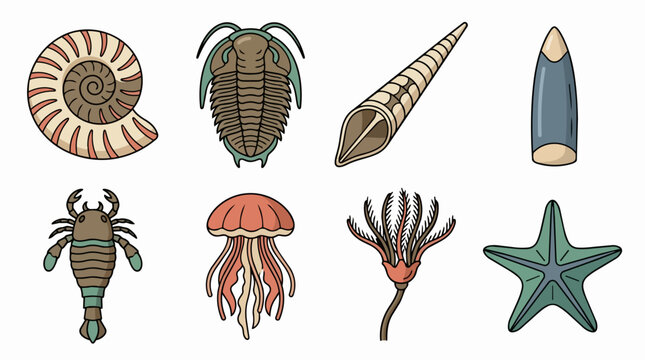 Ancient marine organisms illustration featuring a collection of prehistoric sea creatures and fossil forms, representing extinct species and the evolution of life in earth's oceans