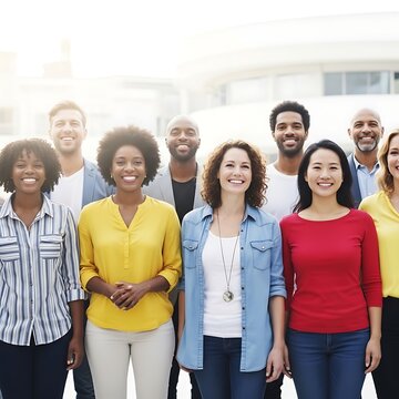 Diverse group of smiling people standing together.