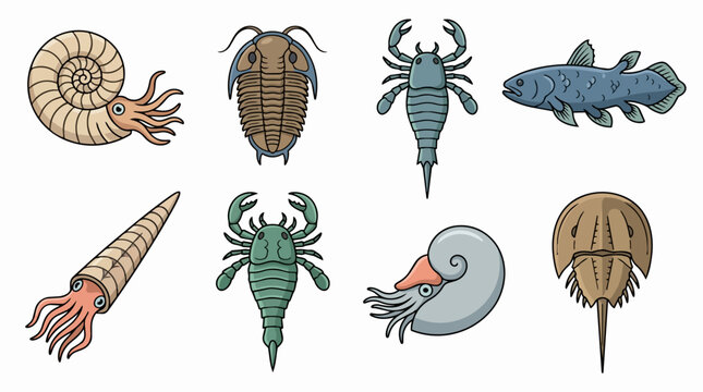 Set of illustrations of extinct and living primitive marine animals&mdash;cephalopods, arthropods, fish&mdash;showing ancient ocean diversity for paleontology and education