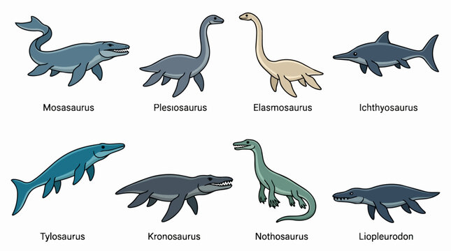 Prehistoric marine reptiles scene showing mosasaurus, plesiosaurus, ichthyosaurus and other extinct sea predators and creatures in an educational paleoart illustration