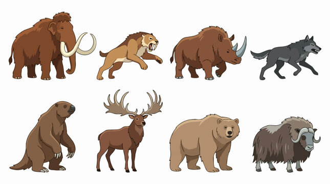 Prehistoric megafauna and ice age wildlife including a woolly mammoth. Saber-toothed cat. Woolly rhinoceros. Dire wolf. Giant ground sloth. Irish elk. Cave bear