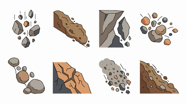 Landslide and rockfall symbols showing natural disaster, earth movement, and erosion concepts, with geological hazards like mudslides and falling rocks