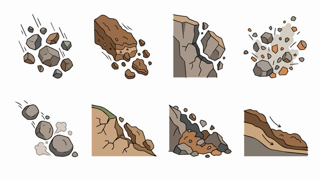 Landslide and rockfall types illustrating natural disaster, geological erosion, soil degradation, and dangerous earth movement falling debris processes