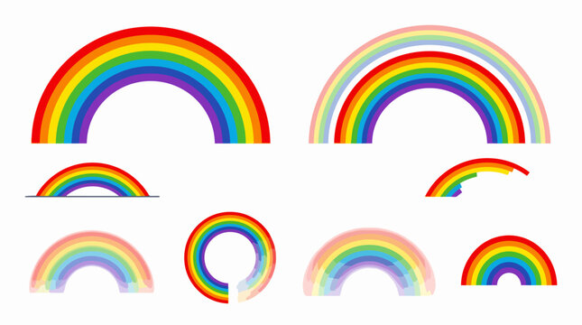 Colorful set of rainbow vector illustrations including full arcs, half arcs, broken segments, and circular shapes, symbolizing diversity, hope, and pride