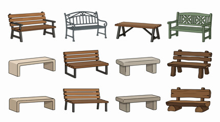 Fototapeta premium Outdoor bench collection in rows showing diverse styles and materials—wood, metal, concrete—illustrated on white background for parks, gardens, and urban seating design