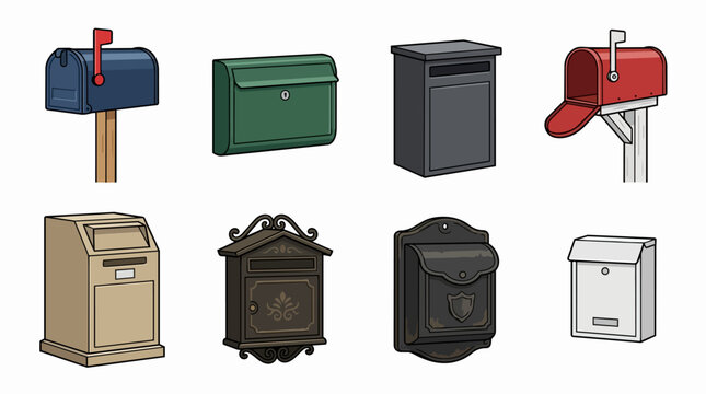 Collection of various mailboxes and postboxes in different styles including classic, modern, wall-mounted, and freestanding designs, representing communication, delivery, and postal services