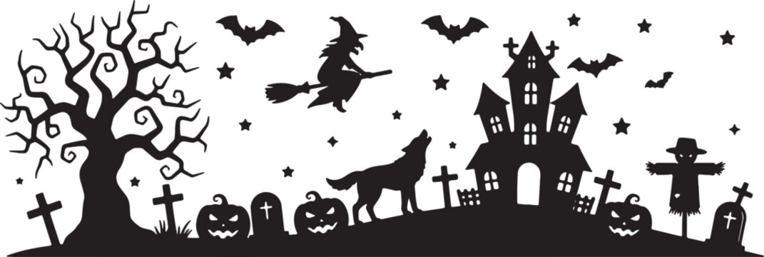 Halloween silhouette panorama featuring a spooky bare tree, graveyard with tombstones and pumpkins, a howling wolf, flying witch on a broomstick, bats, and a haunted mansion with stars.